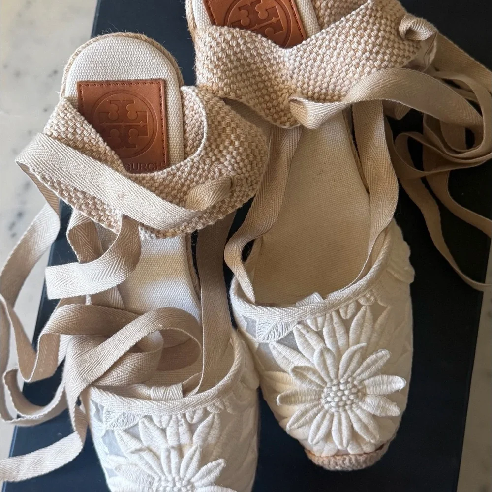 Tory Burch Cream Embroidered Espadrille Lace-Up Flats